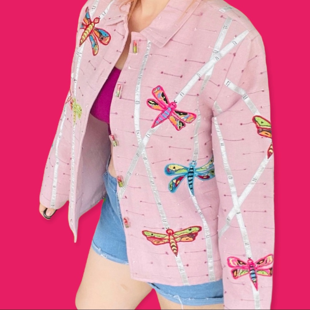 Vintage pink Daniel K dragonfly button down coat jacket medium